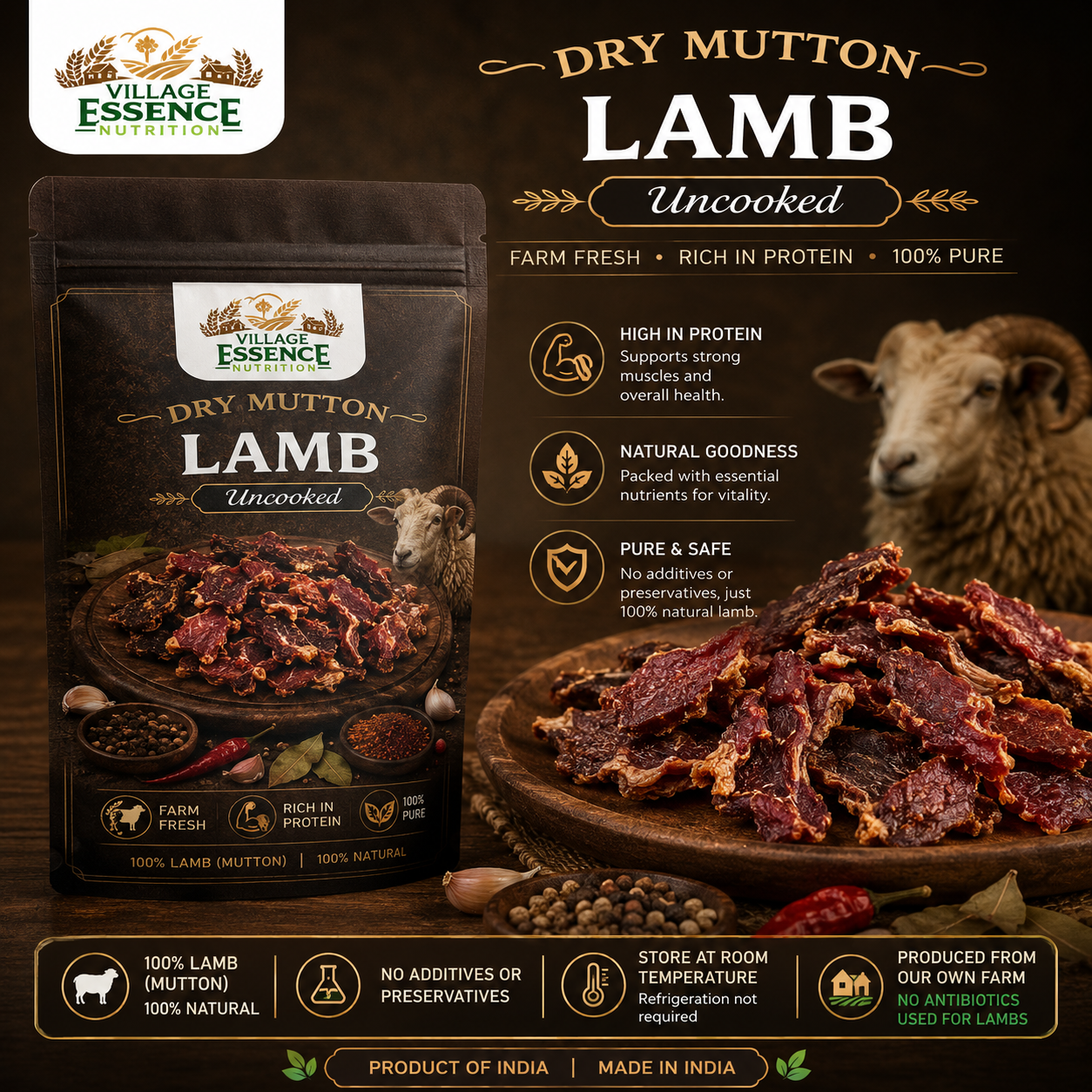 Village Essence Dry Mutton Lamb (Uncooked) – 100% Natural High-Protein Lamb Snacks
