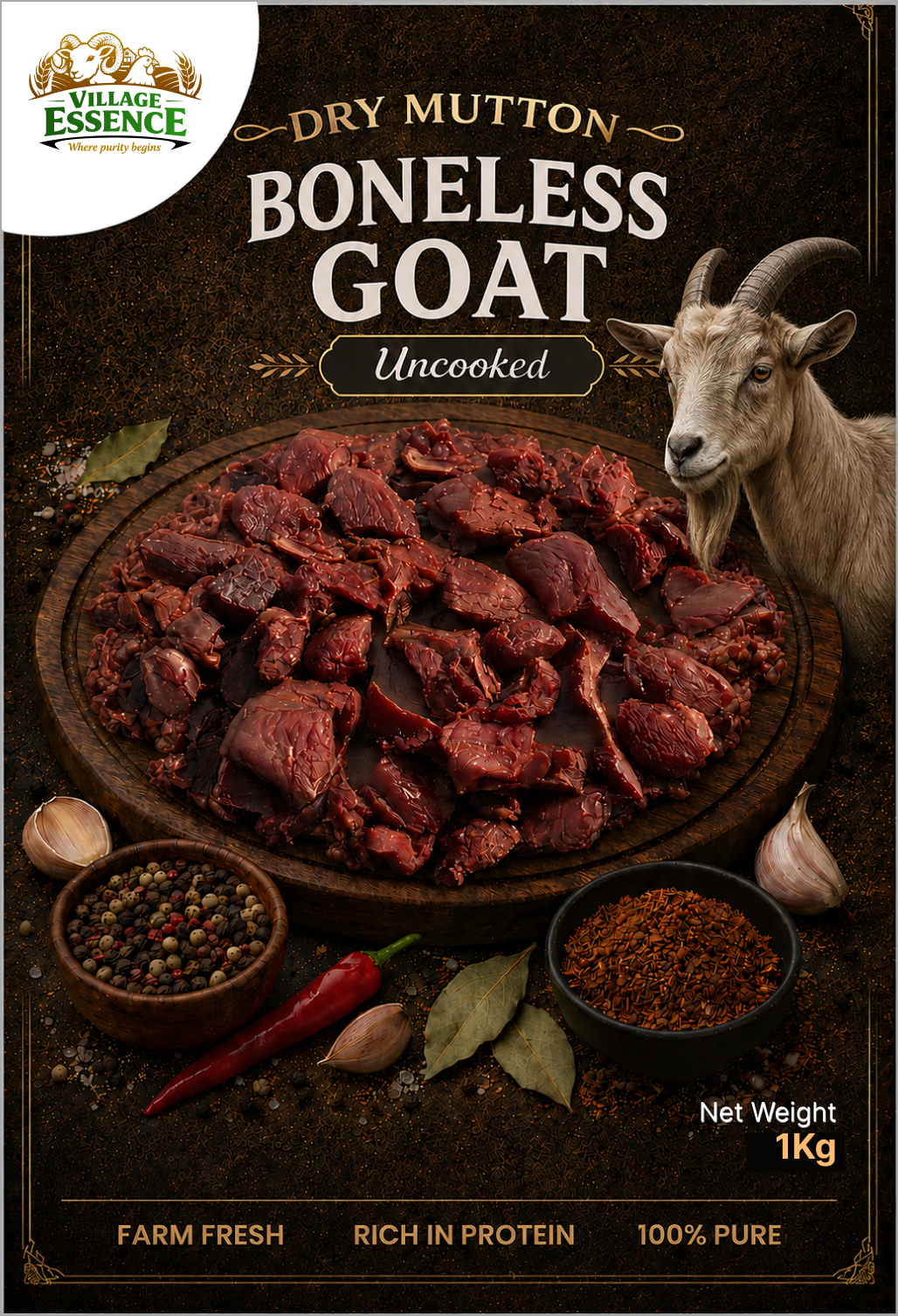 Village Essence Dry Goat Meat Boneless – 1kg pack, 100% natural high-protein dried goat