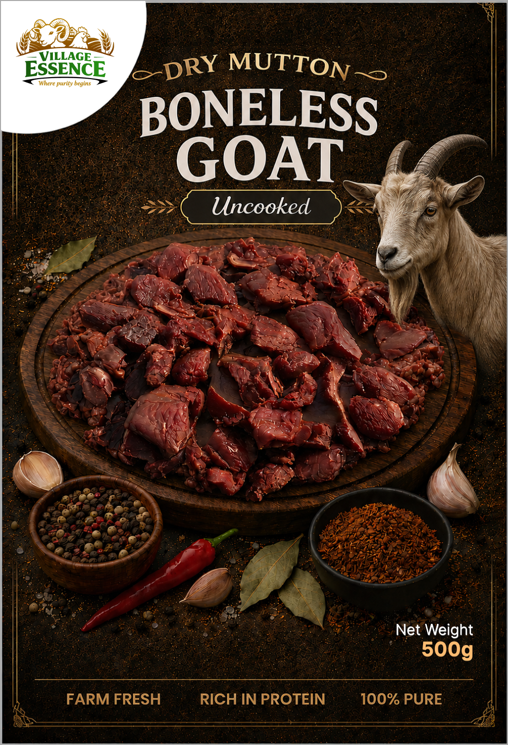 Village Essence Dry Goat Meat Boneless – 500g front pack, 100% natural high-protein dried goat