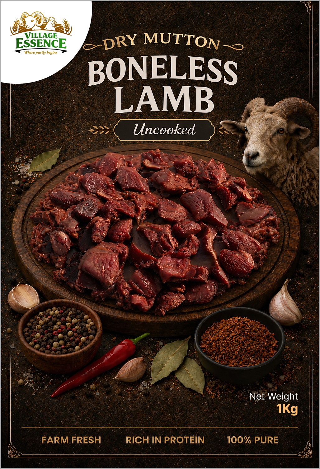 Village Essence Dry Mutton Lamb Boneless – 1kg pack, 100% natural high-protein dried lamb