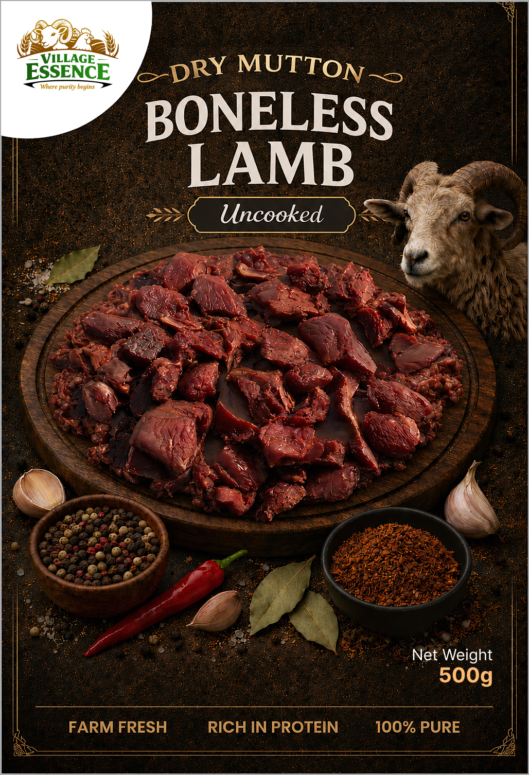 Village Essence Dry Mutton Lamb Boneless – 500g front pack, 100% natural high-protein dried lamb