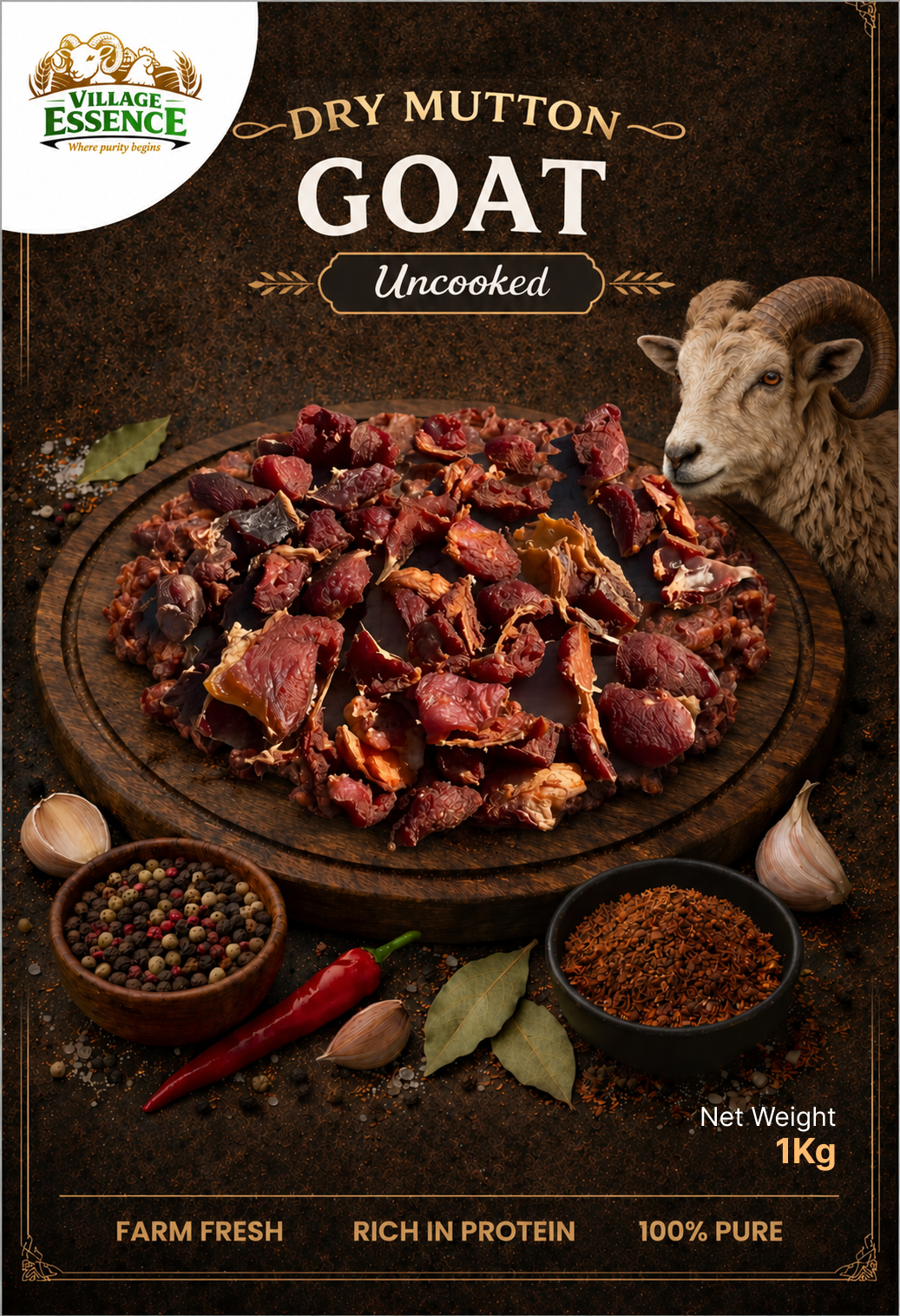 Village Essence Dry Goat Meat With Bone – 1kg pack, 100% natural high-protein dried goat