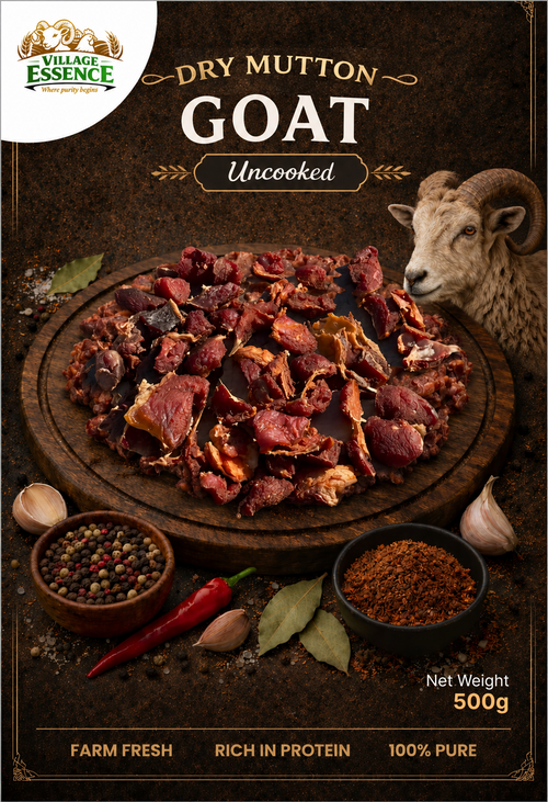 Village Essence Dry Goat Meat With Bone – 500g front pack, 100% natural high-protein dried goat