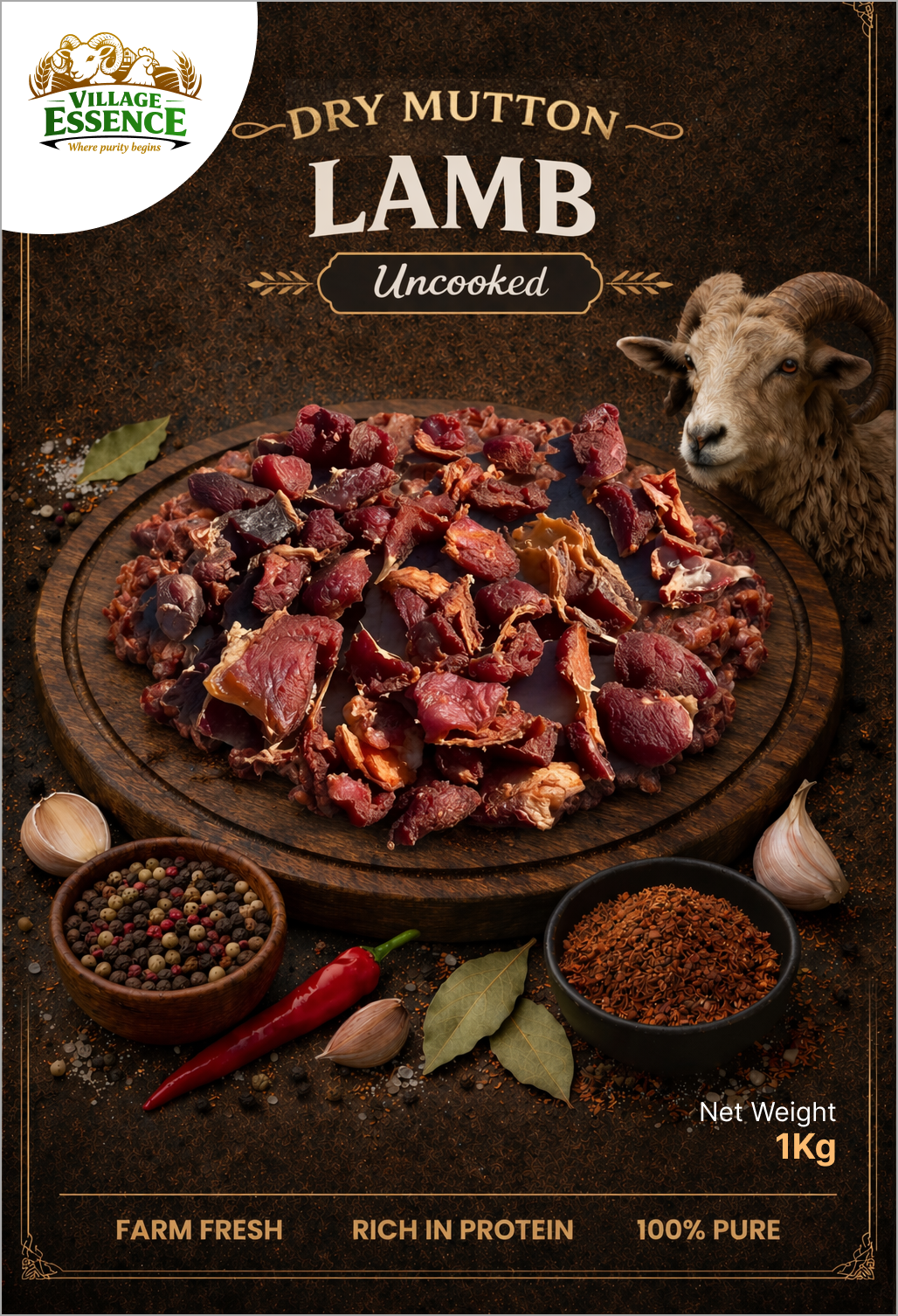 Village Essence Dry Mutton Lamb With Bone – 1kg pack, 100% natural high-protein dried lamb