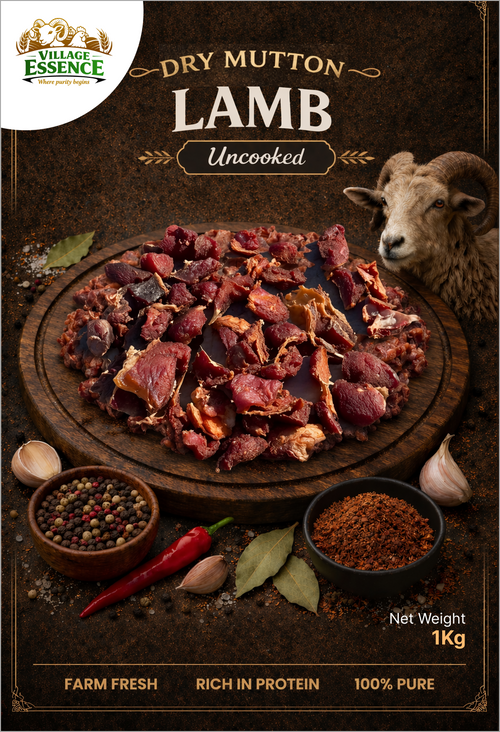 Village Essence Dry Mutton Lamb With Bone – 1kg pack, 100% natural high-protein dried lamb