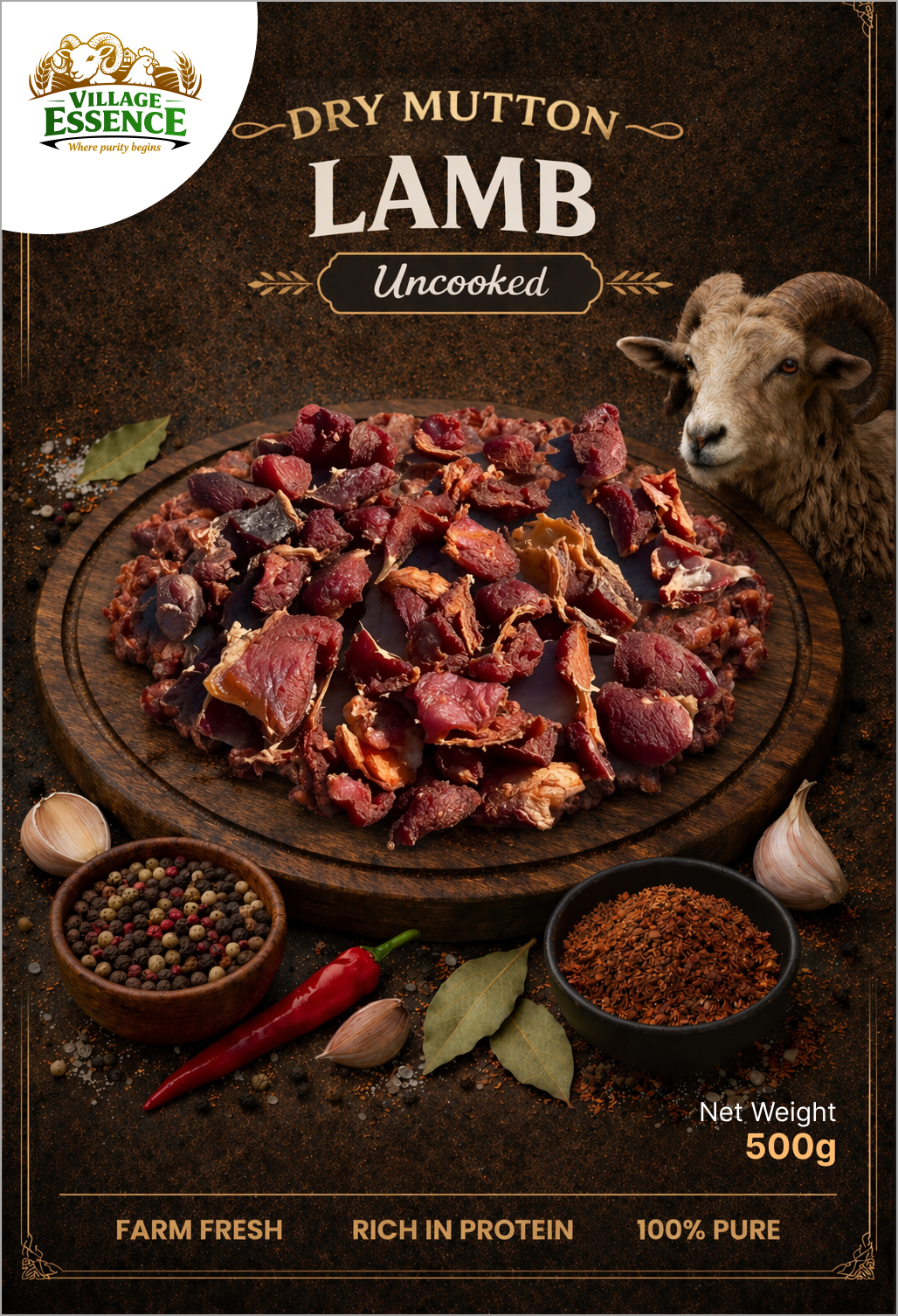 Village Essence Dry Mutton Lamb With Bone – 500g front pack, 100% natural high-protein dried lamb