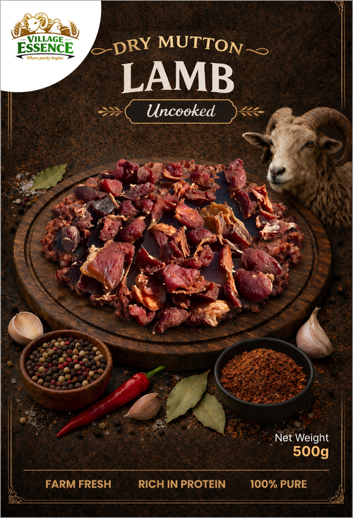Village Essence Dry Mutton Lamb With Bone – 500g front pack, 100% natural high-protein dried lamb